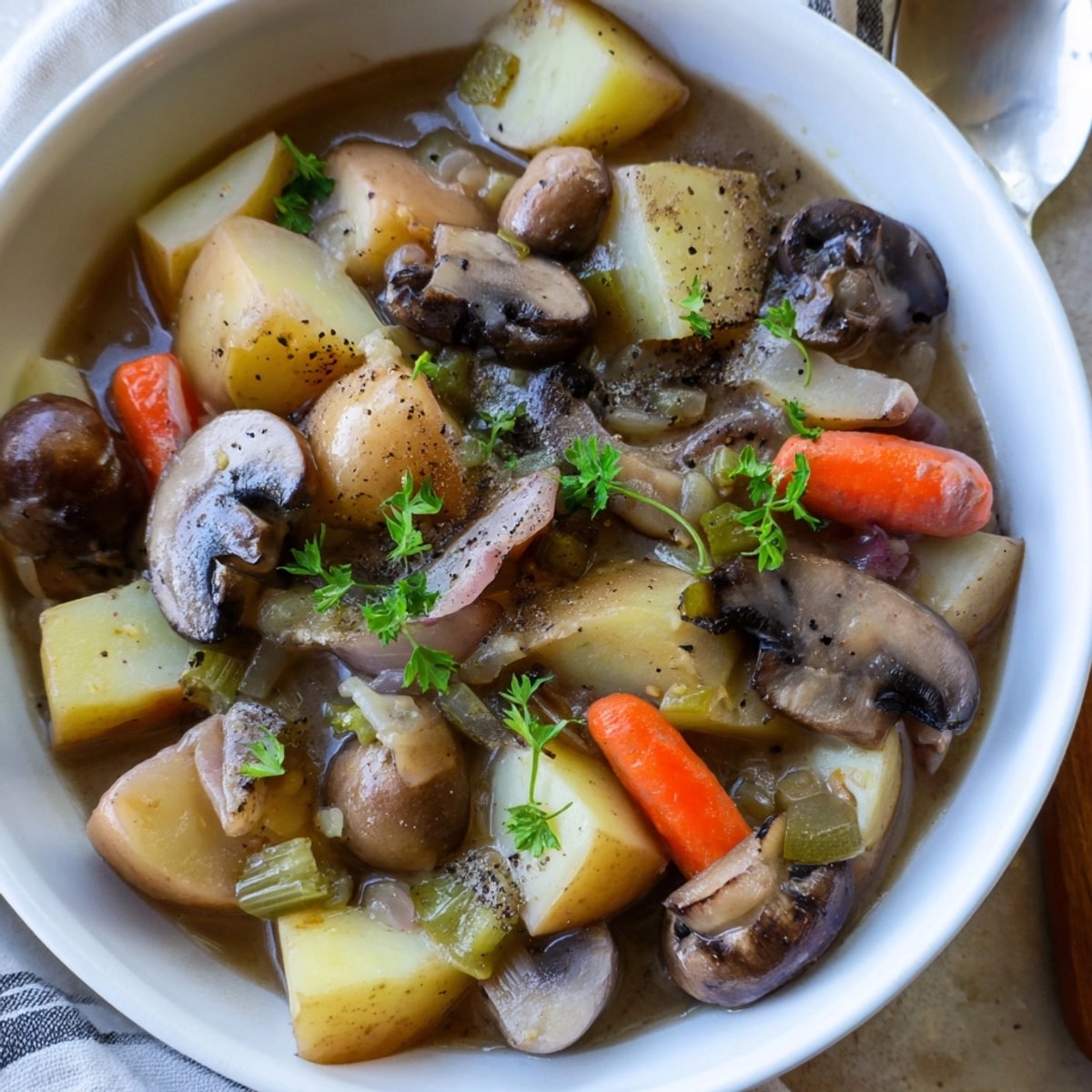 Herzhaftes, dampfendes bayerisches Pilzgulasch in einer rustikalen Schüssel, bereit zum Geniessen.