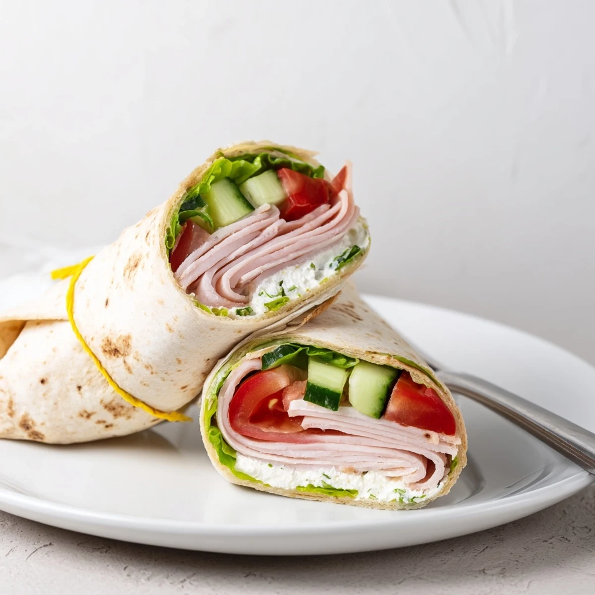 Zarte Ham and Quark Wraps gefüllt mit frischem Gemüse und cremigem Quark.  