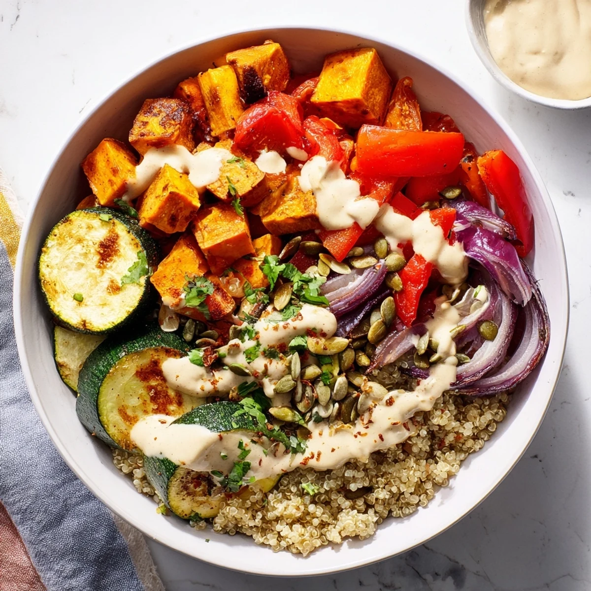 Geröstete Gemüse- und Quinoa-Schüssel mit bunten, knackigen Zutaten und einer cremigen Tahini-Soße.  