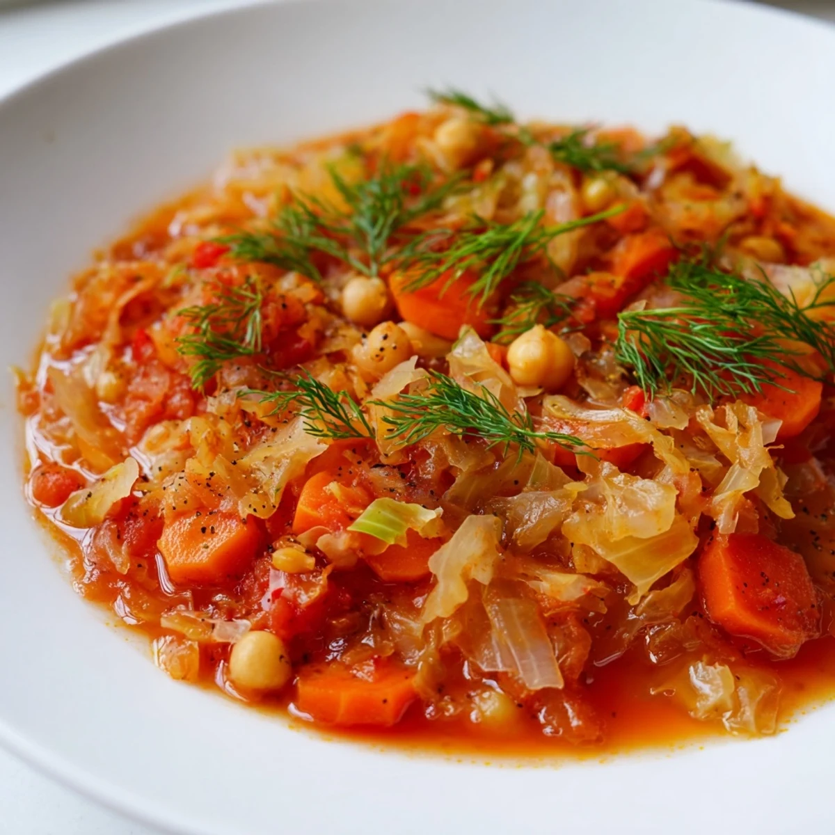 Sauerkraut-Kichererbseneintopf mit aromatischen Gewürzen und frischem Dill serviert  