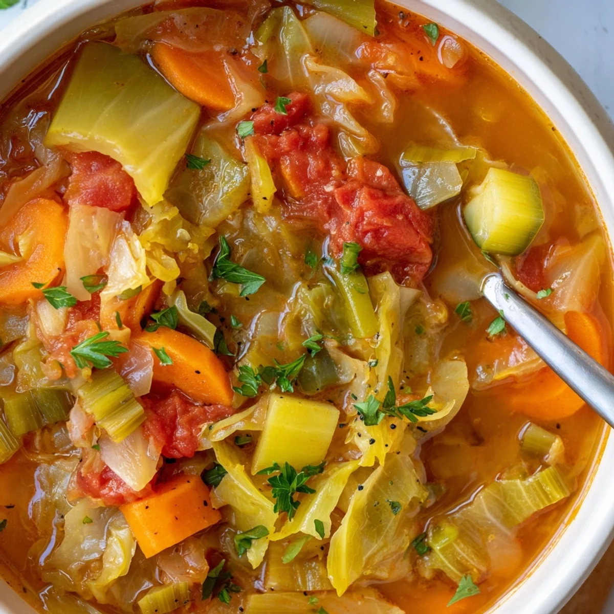 Veganer Kohlsuppe mit frischem Gemüse, eine gesunde und herzhafte Mahlzeit.