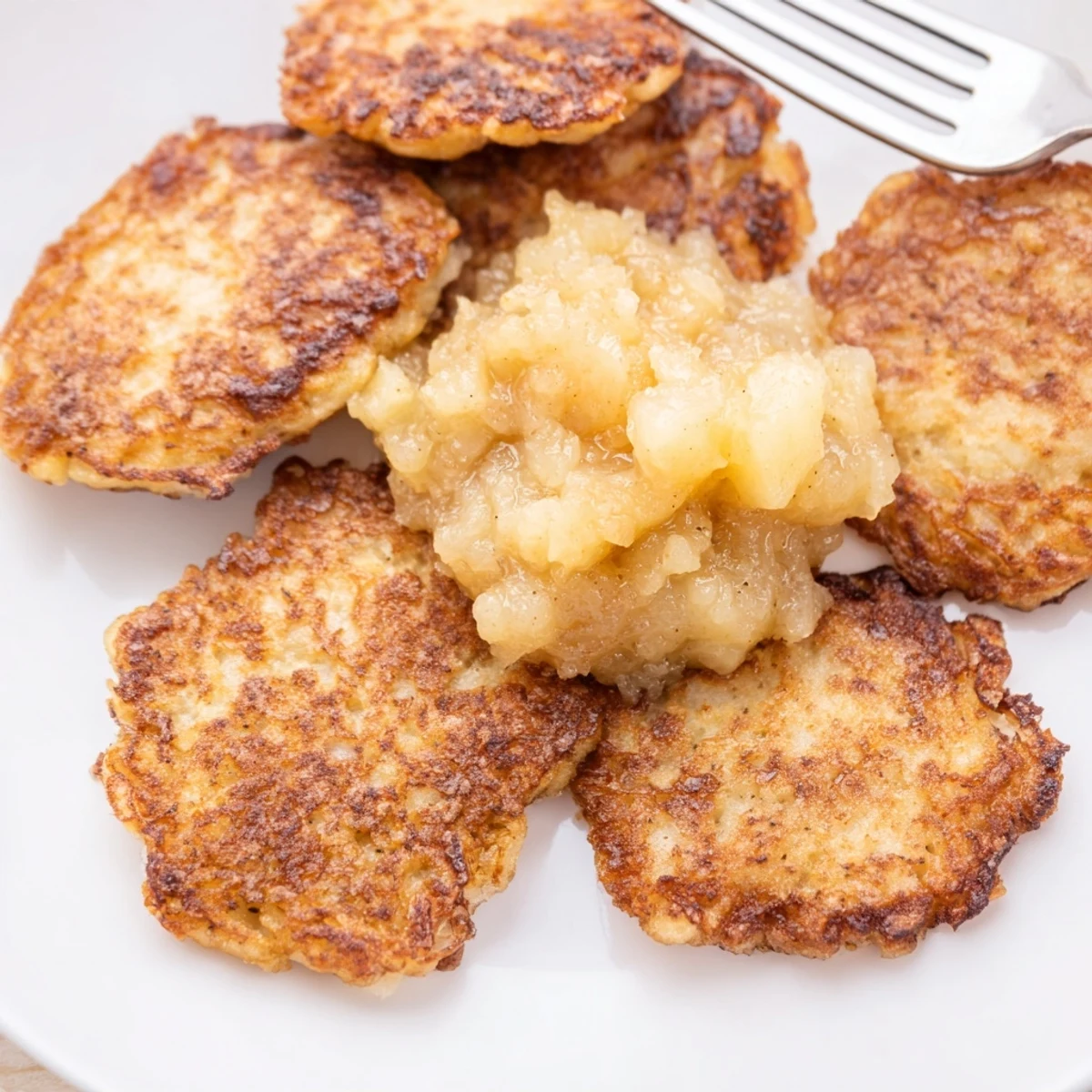 Homemade applesauce alongside crispy potato pancakes, a comforting classic dish.