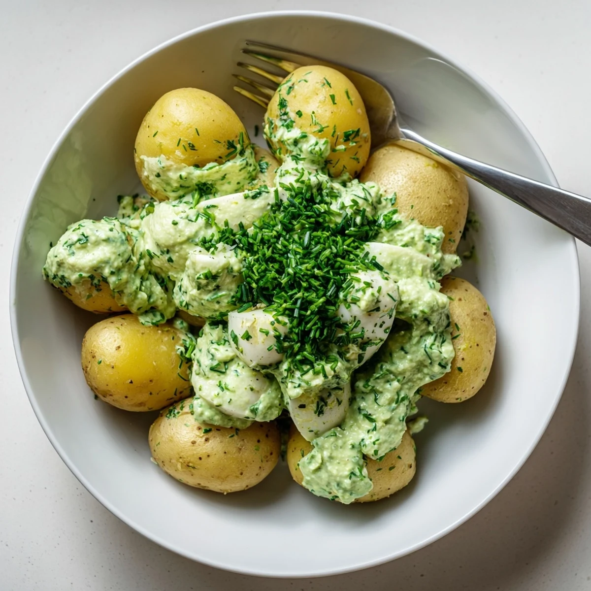 Klassische grüne Sauce mit zarten gekochten Kartoffeln auf einem Teller.