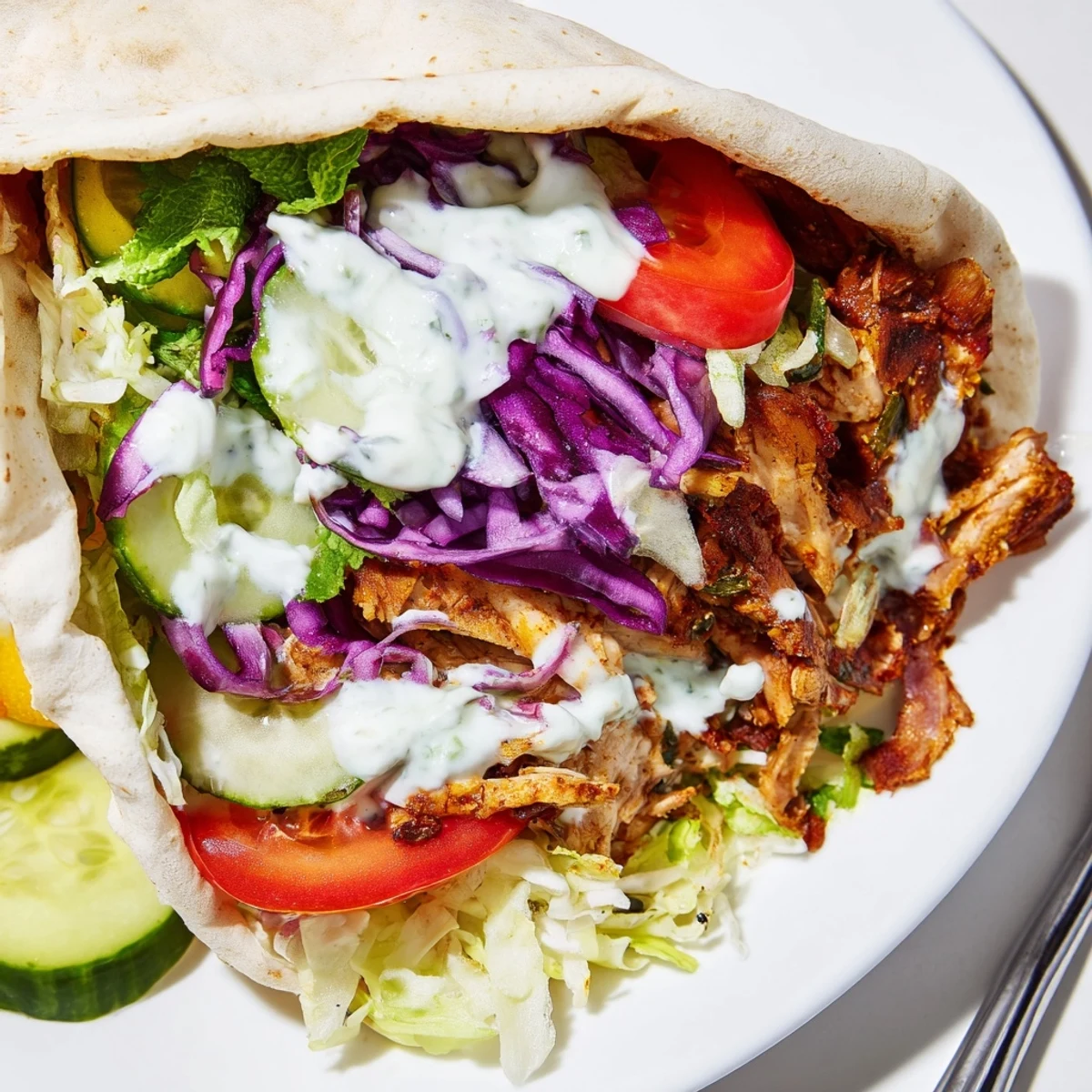 Berlin Döner Kebab Wrap mit cremiger Knoblauch-Joghurt-Sauce und frischem Gemüse.