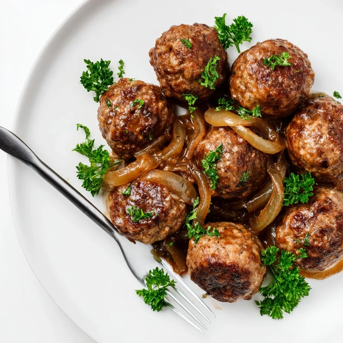 Saftige Frikadellen in reichhaltiger Zwiebelsauce, ideal für Familienessen.