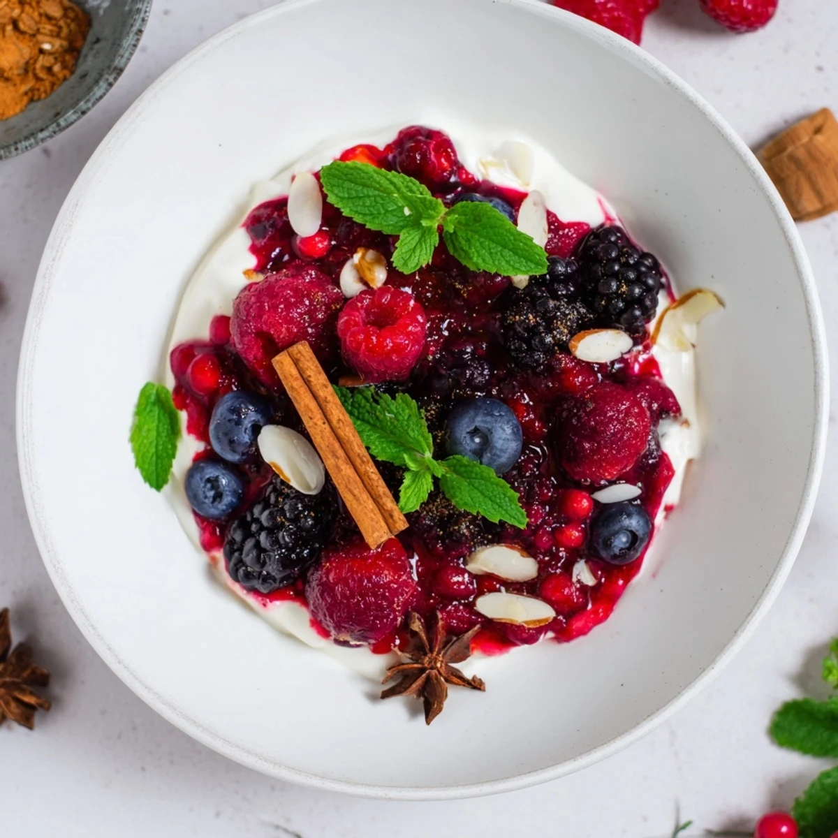 Vibrant mixed berries simmered to perfection for this German spiced berry compote, ready to serve.