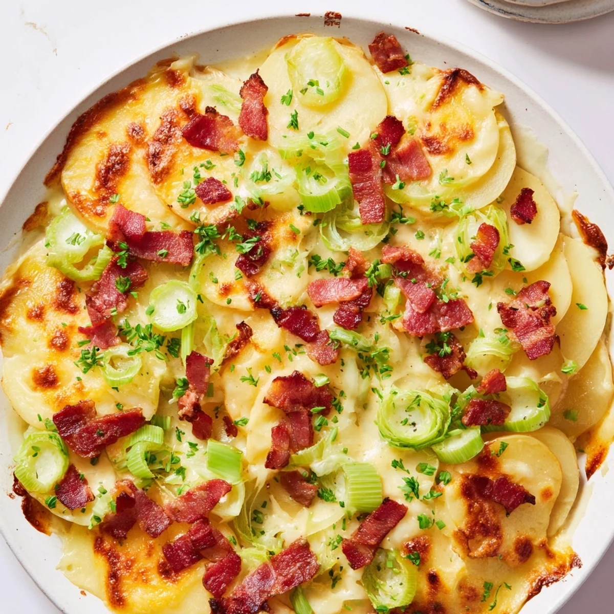 Golden and bubbly One-Pan German Potato & Leek Bake, a comforting dish with crispy bacon and creamy potatoes.
