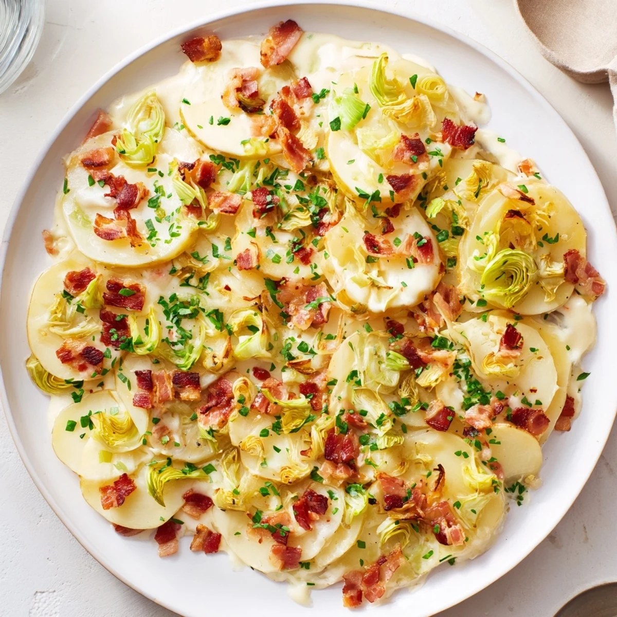 A hearty, one-pan German Potato & Leek Bake featuring tender potatoes with melted cheese and herbs.