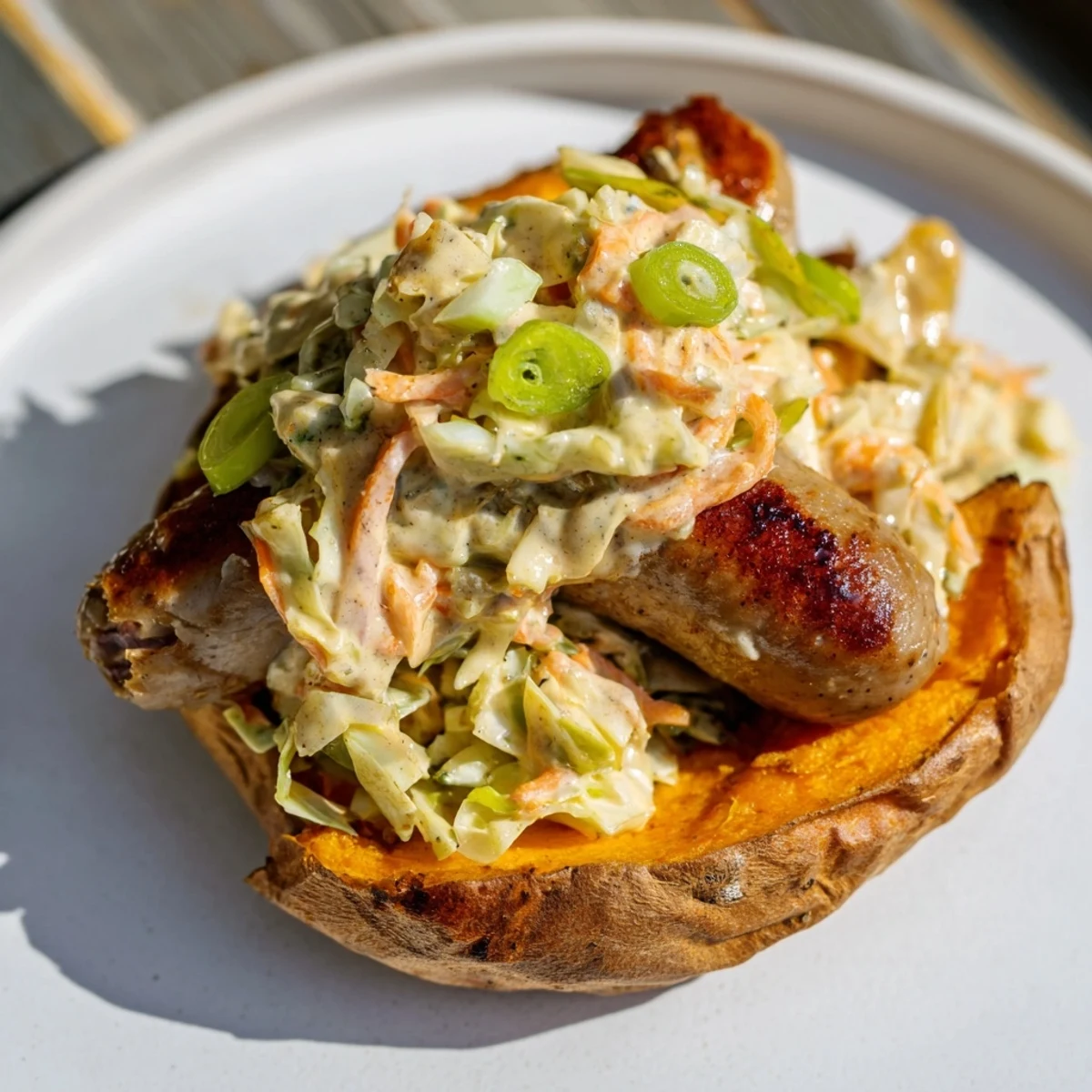 Oven-baked bratwursts served atop roasted sweet potatoes and tangy slaw; a German-American Baked Sweet Potato Bratwursts.