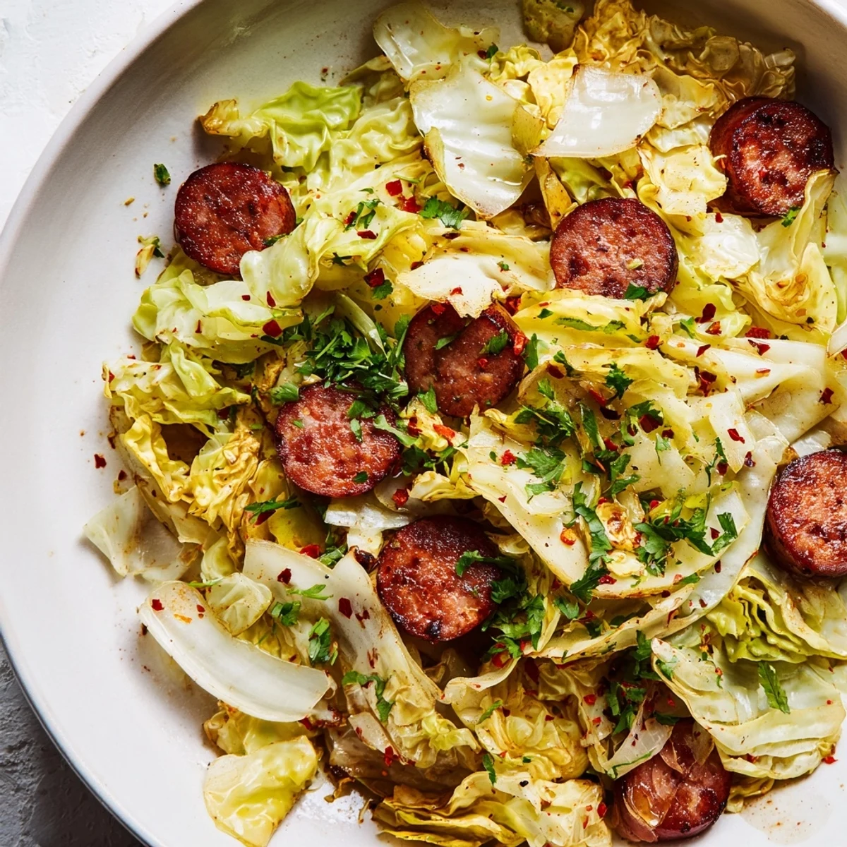 Golden-brown Crispy Cabbage & Sausage Skillet, ready to serve with fresh parsley garnish.