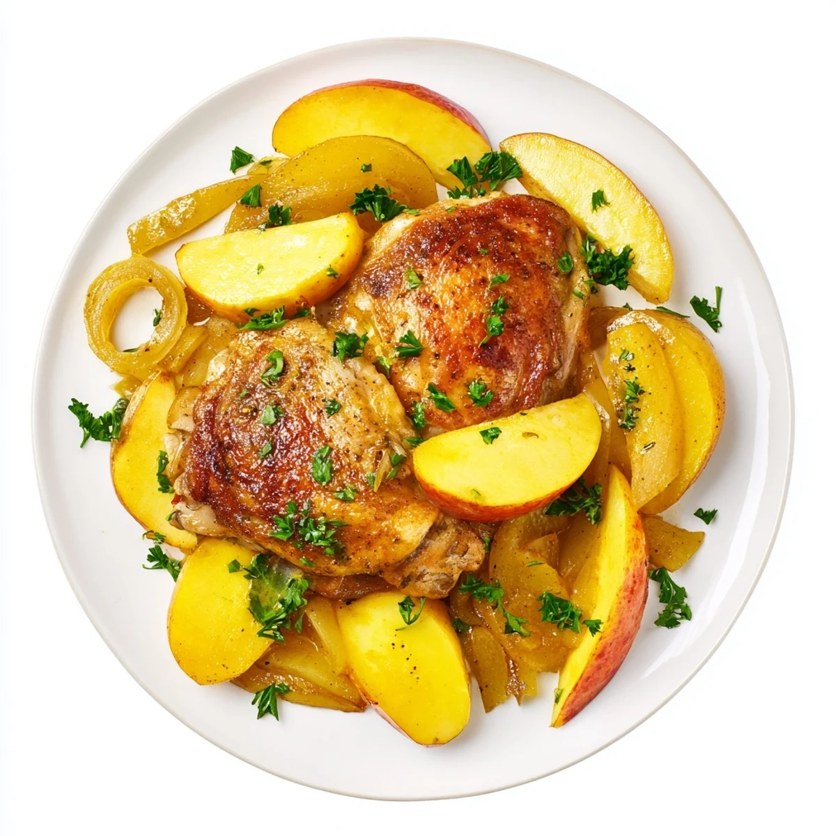 Golden, crispy Sheet-Pan German-Style Chicken with apples and onions, perfect for a cozy fall dinner.