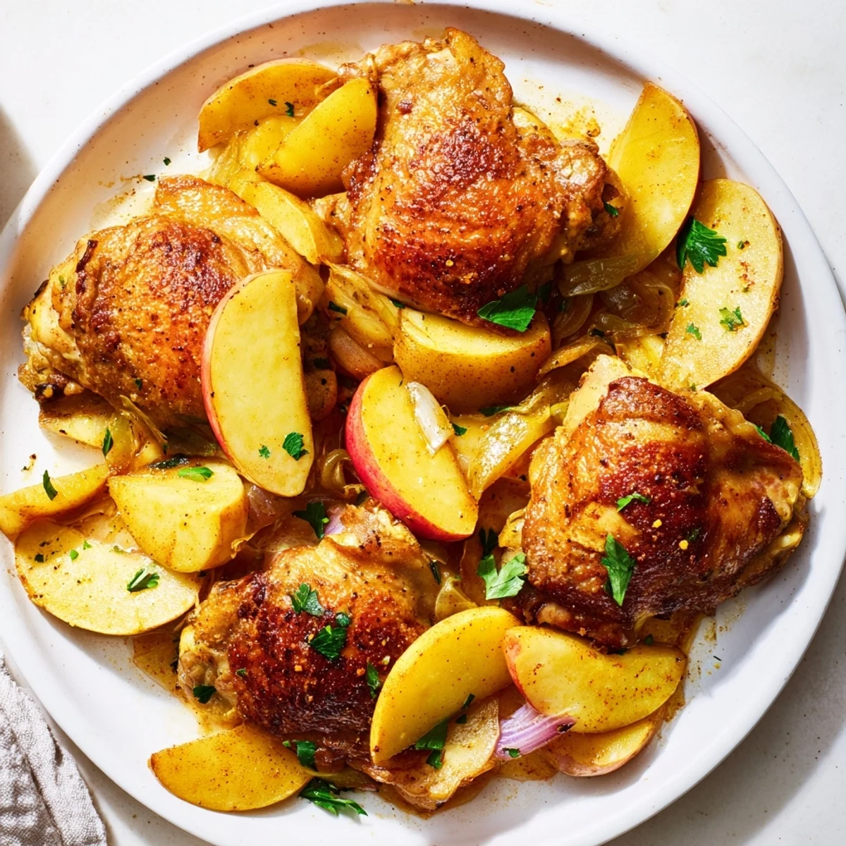 Savory Sheet-Pan German-Style Chicken with tender apples and caramelized onions, ready in under an hour.