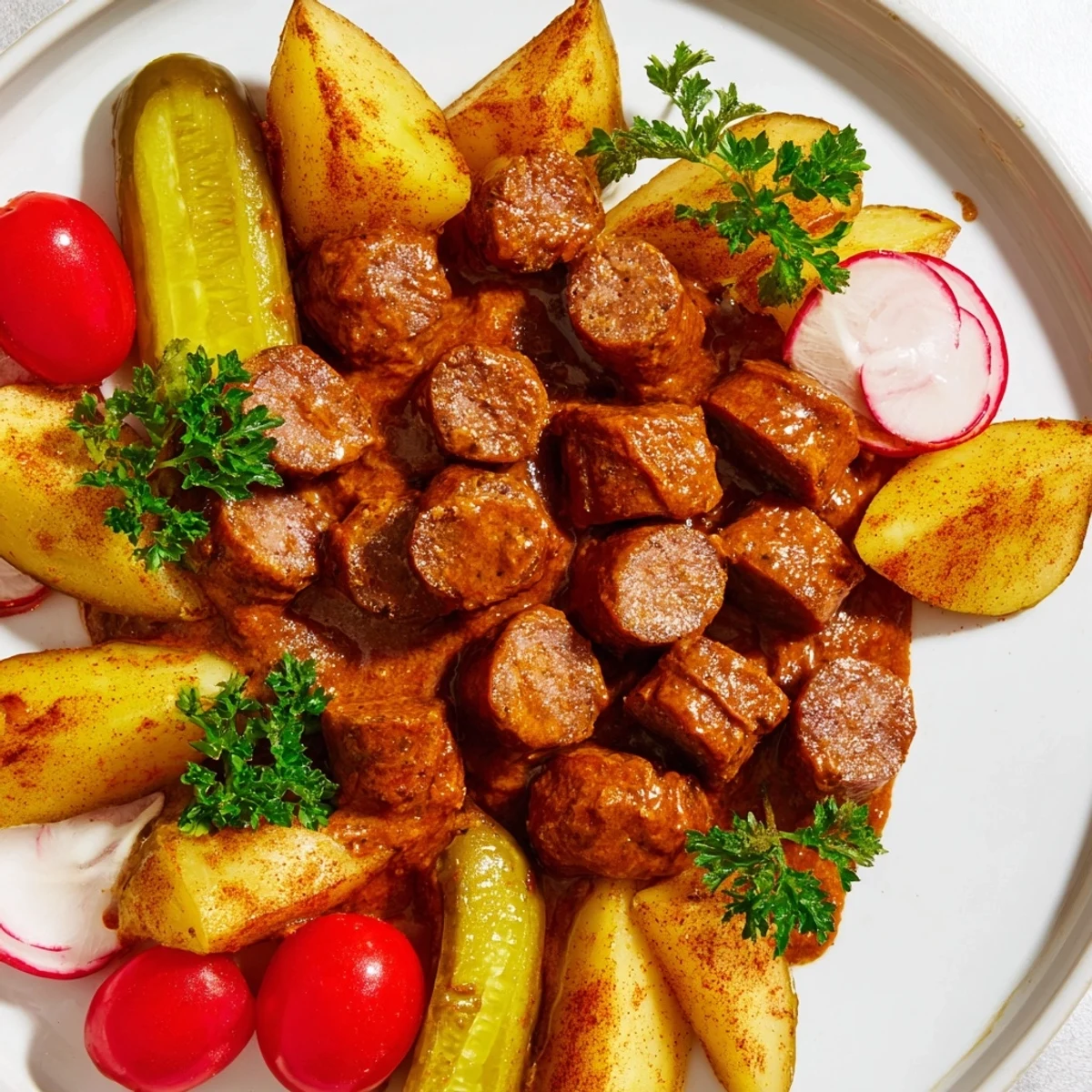 Sliced currywurst on a board, drizzled with spicy sauce, ready to share with mustard dips.