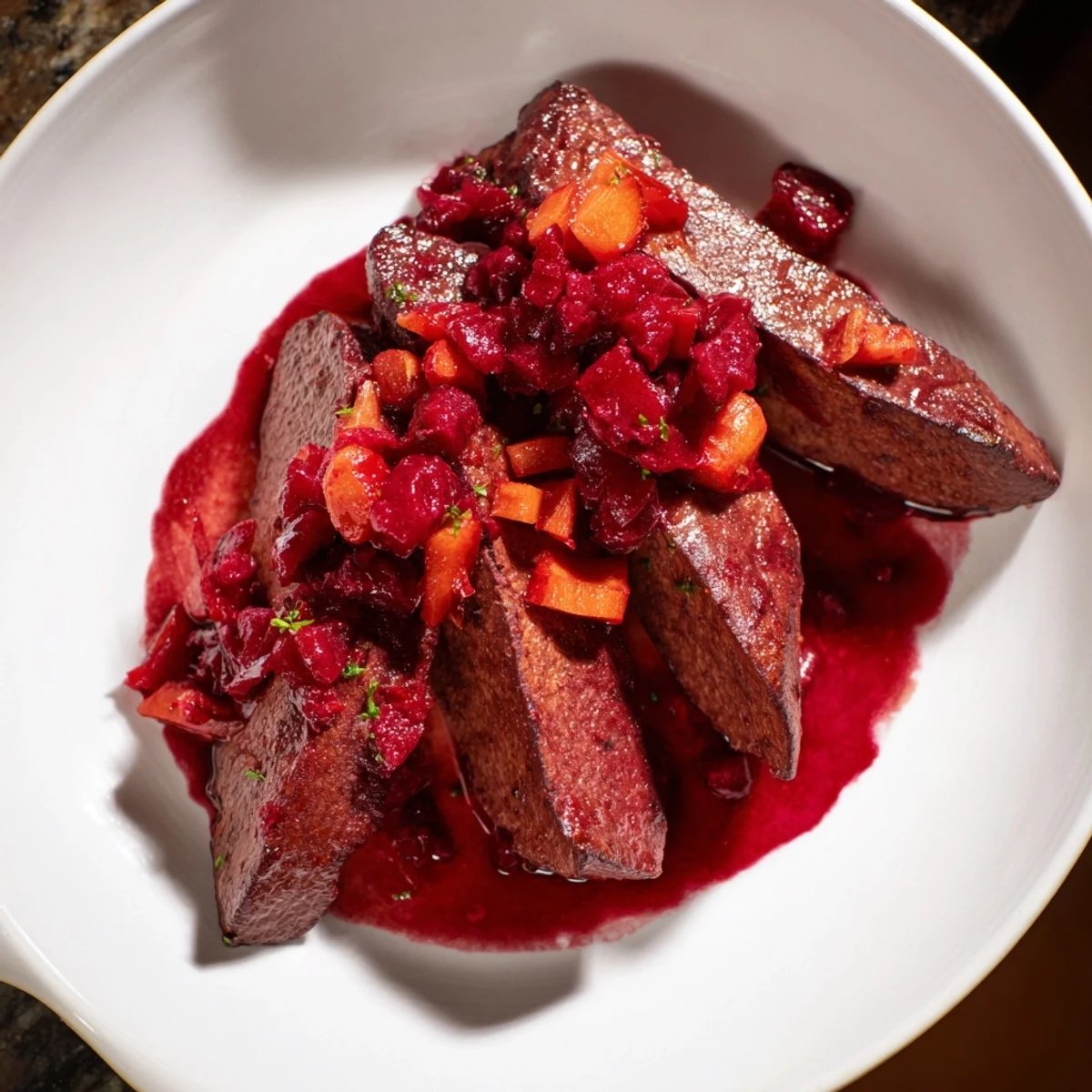 Hearty Vegan Sauerbraten with cranberry-balsamic marinade, browned and ready to slice.