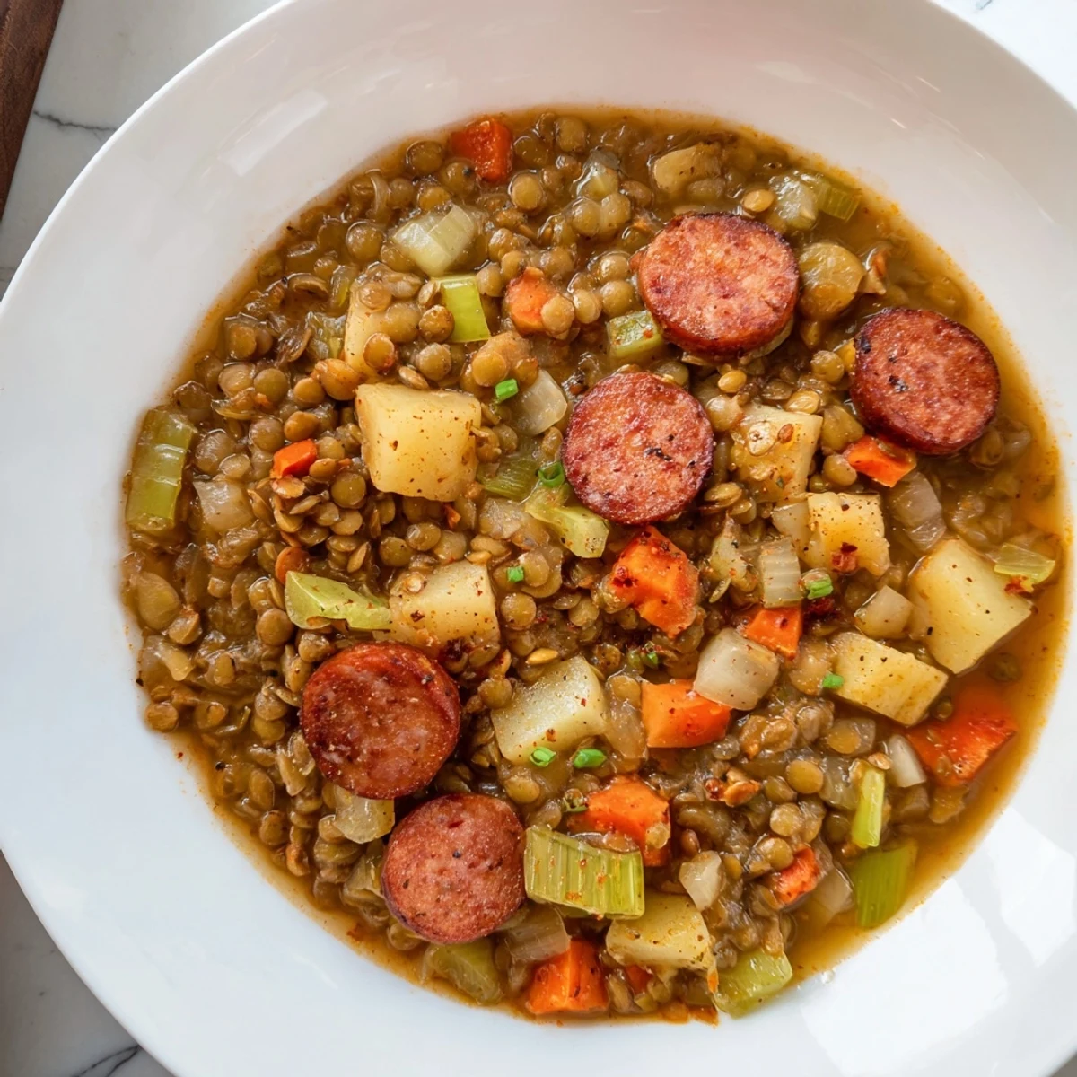 Close-up of a bubbling Instant Pot German Lentil Stew with chorizo, showing tender lentils and vegetables.