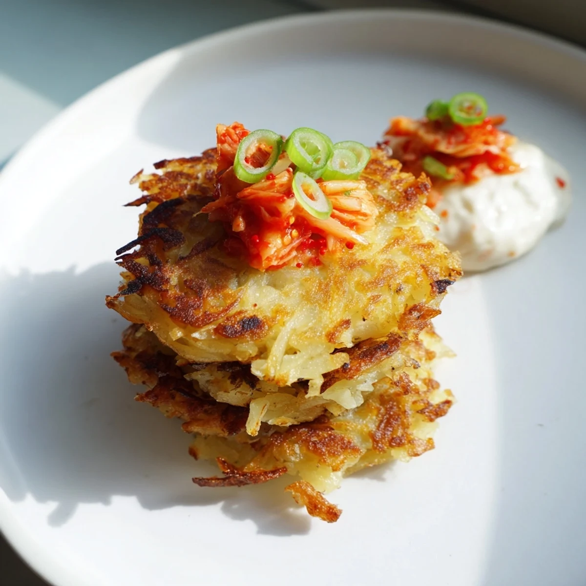 Enjoy crispy Kartoffelpuffer, perfectly fried, served with cooling, spicy kimchi yogurt.