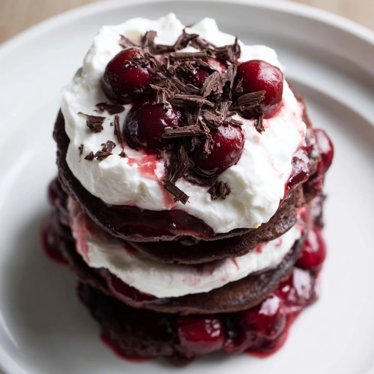 Stack of tempting Black Forest Pancake Minis featuring vibrant cherries and a dusting of dark chocolate shavings.