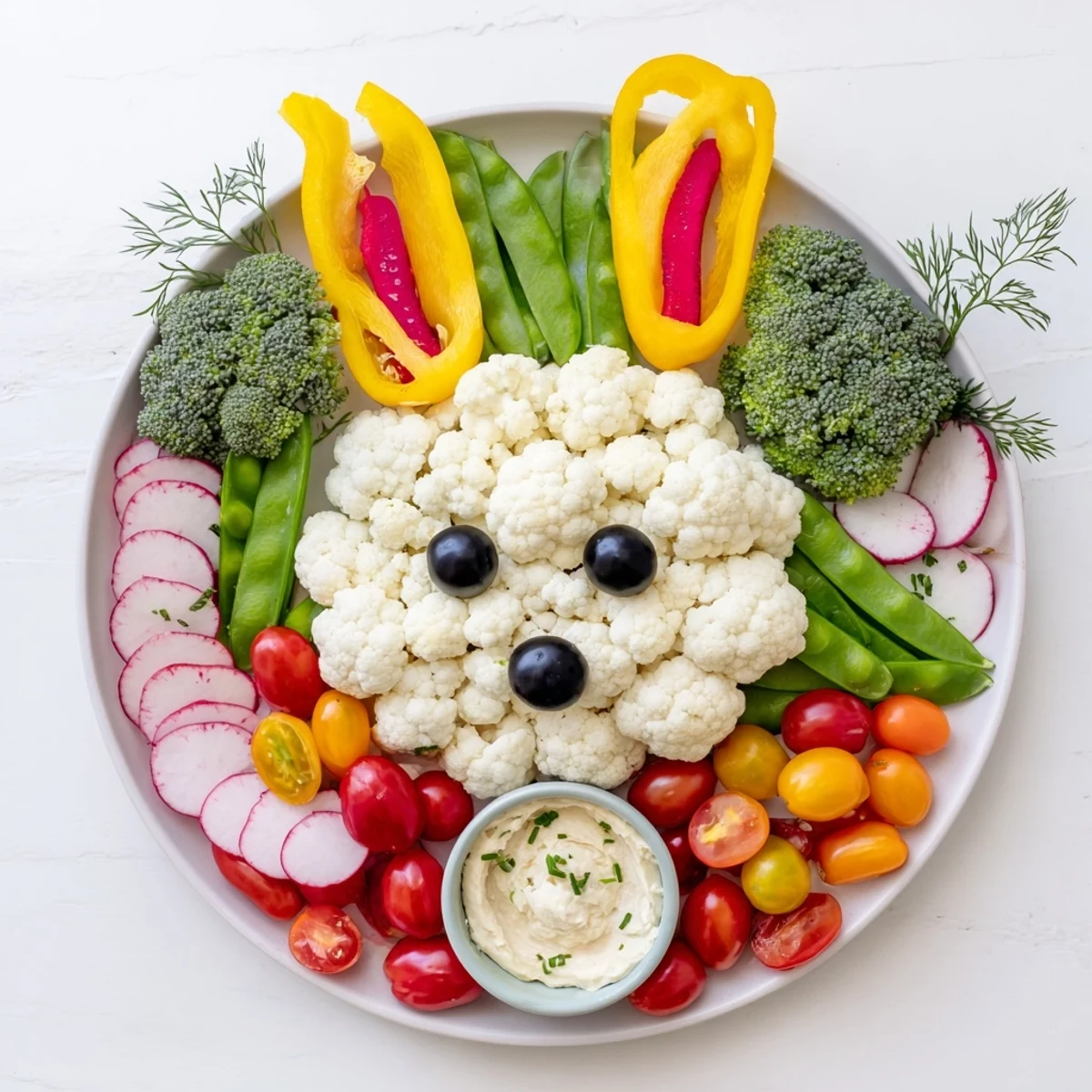 This Bunny Meadow Veggie Board features a whimsical vegetable arrangement with hummus for dipping.