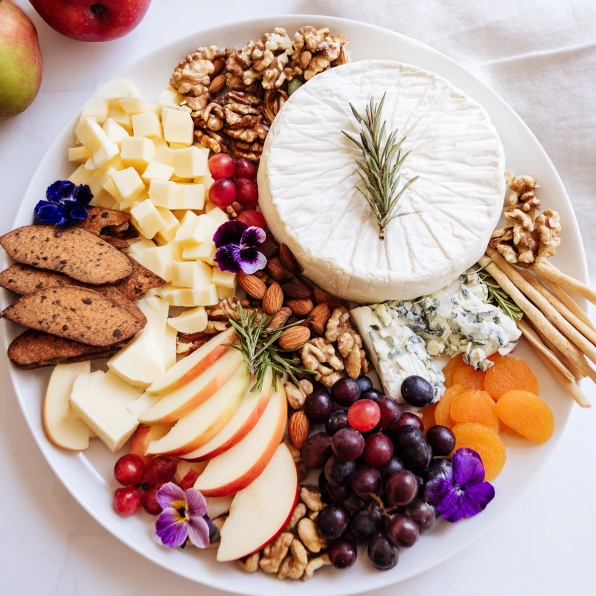 A beautifully arranged Woodland Creature Cheese Platter with brie, fruits, and nuts.