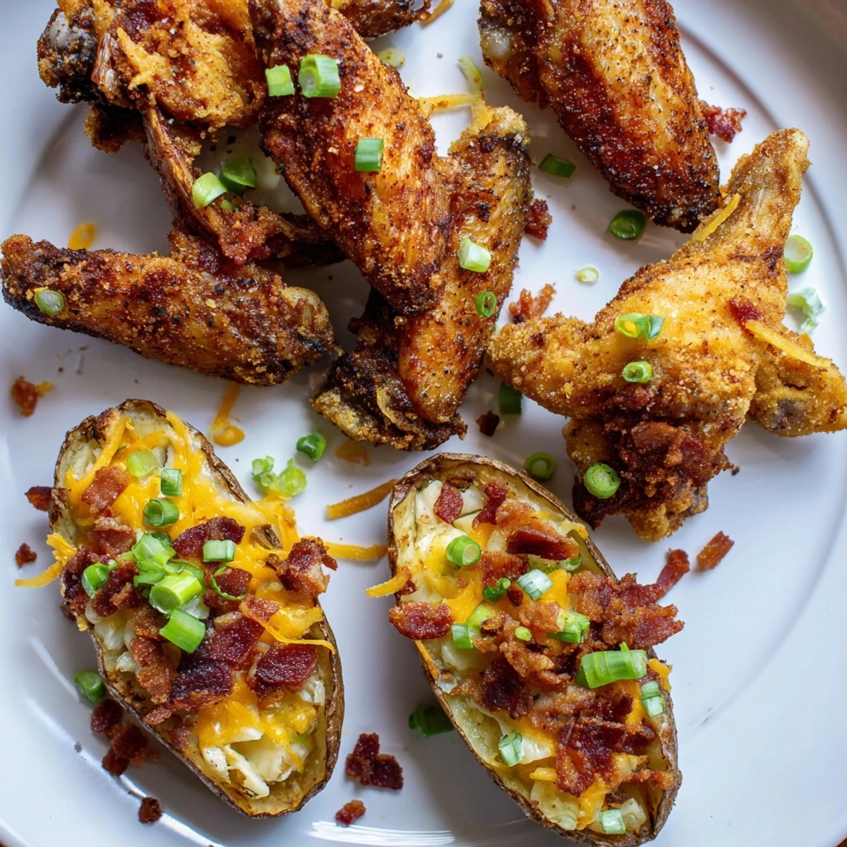 A visually rich Touchdown Football Tailgate Spread with crispy wings, loaded potato skins, and flavorful sausages.