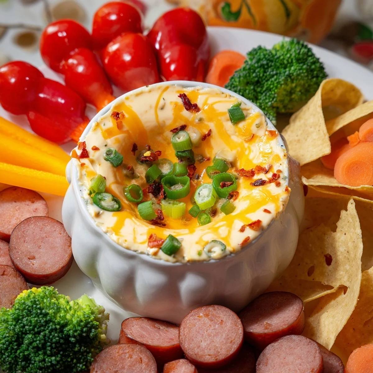 A visually stunning Lava Flow Volcano Dip Platter, a spicy cheese dip surrounded by colorful chips.