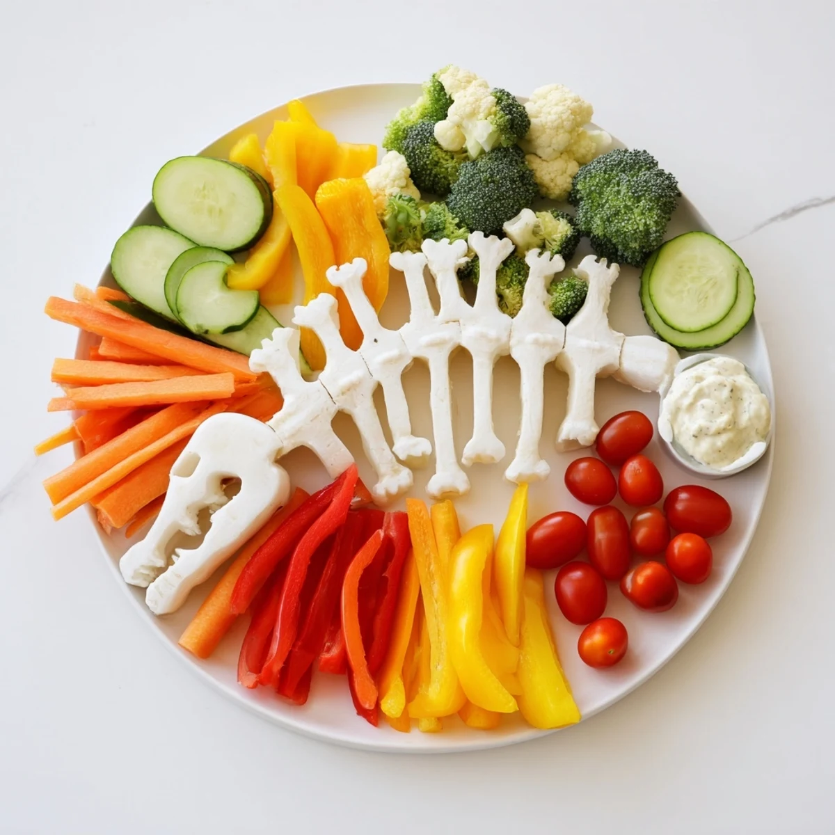A colorful Dino-Mite Dinosaur Fossil Crudités platter showcases fresh veggies perfect for kids.