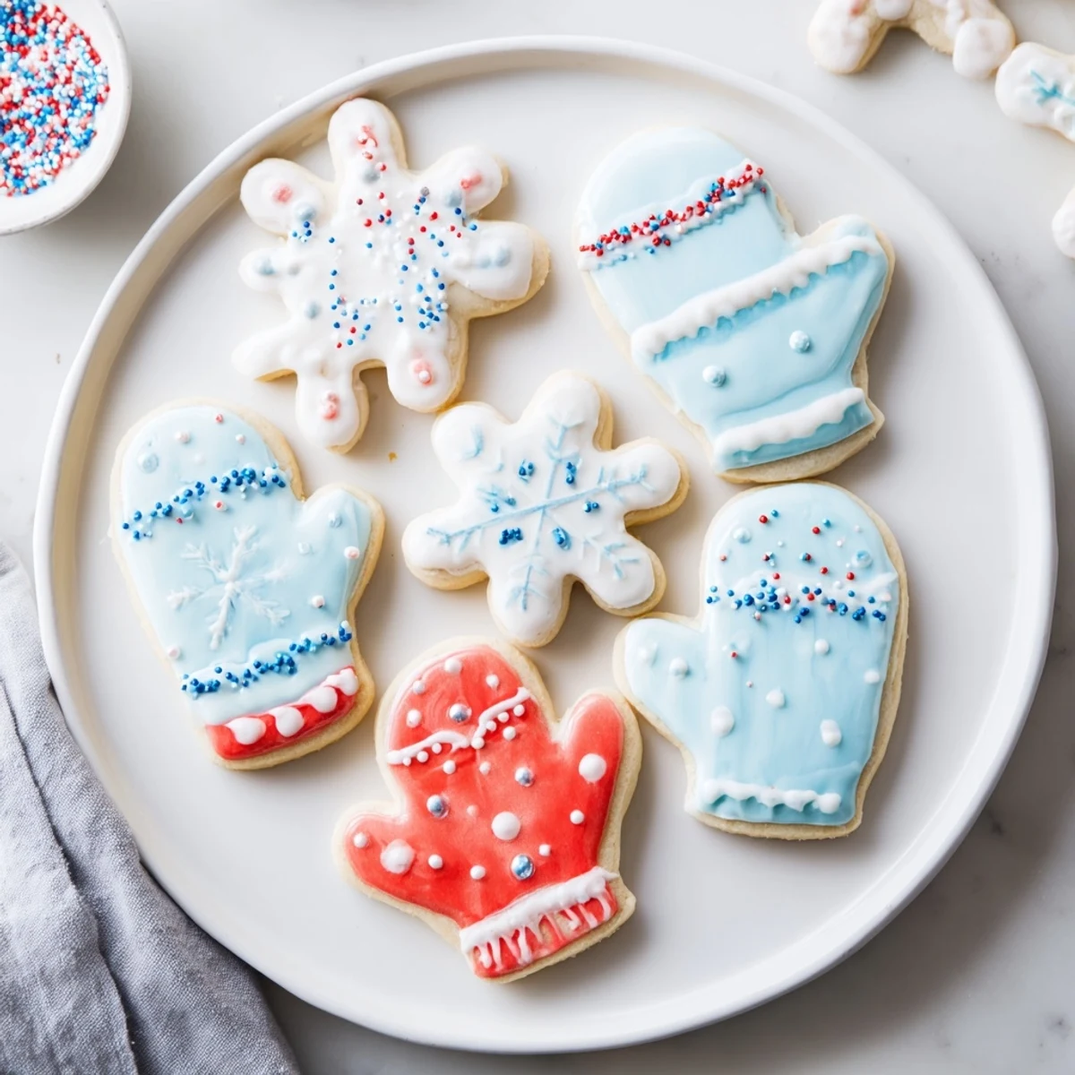 Festively arranged Warm & Toasty Mitten Cookies, a delightful dessert for a holiday cookie exchange.