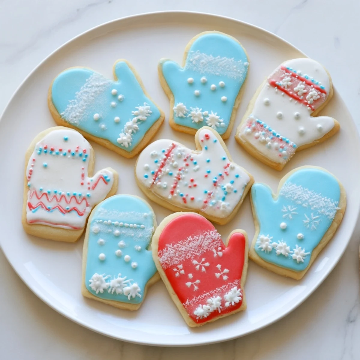 A collection of freshly decorated Warm & Toasty Mitten Cookies, perfect for a cozy winter treat.
