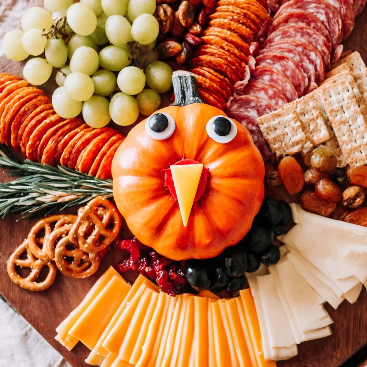 This festive Thanksgiving Wheat Field Turkey Board displays a creative arrangement of charcuterie favorites and fresh fruits.