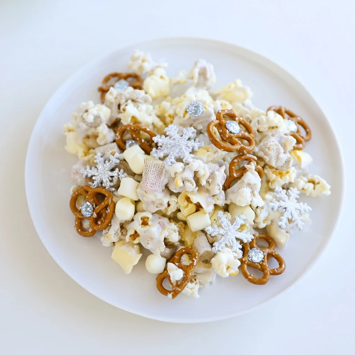 This Ski Season Snowflake Snack Mix, featuring pretzels and popcorn, is coated and sprinkled on a baking sheet.