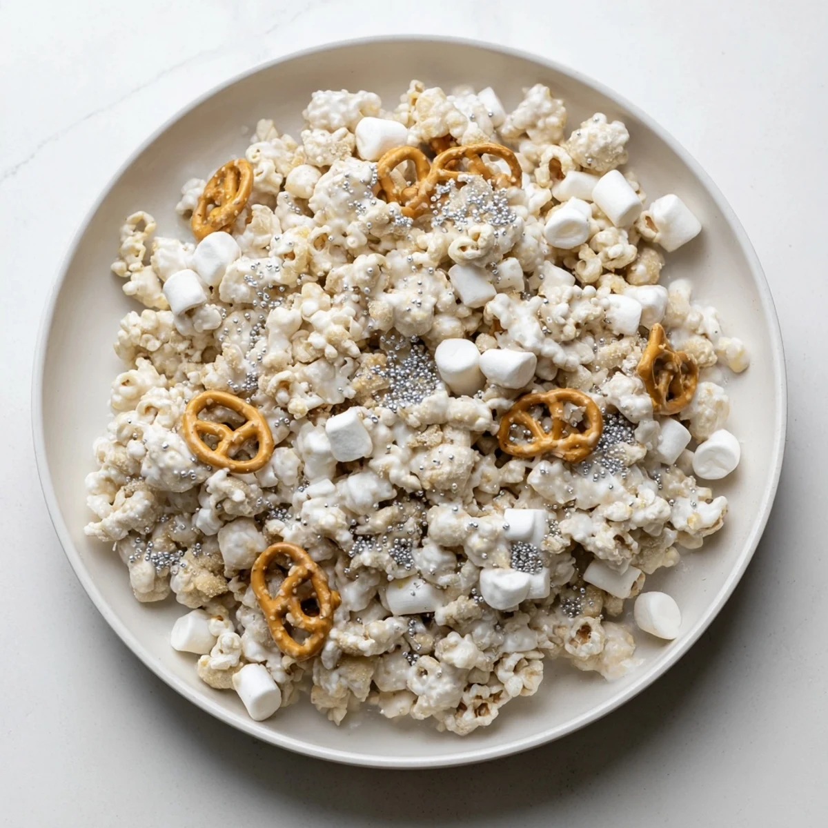 Ski Season Snowflake Snack Mix coated in white chocolate, ready to be enjoyed as a wintery treat.