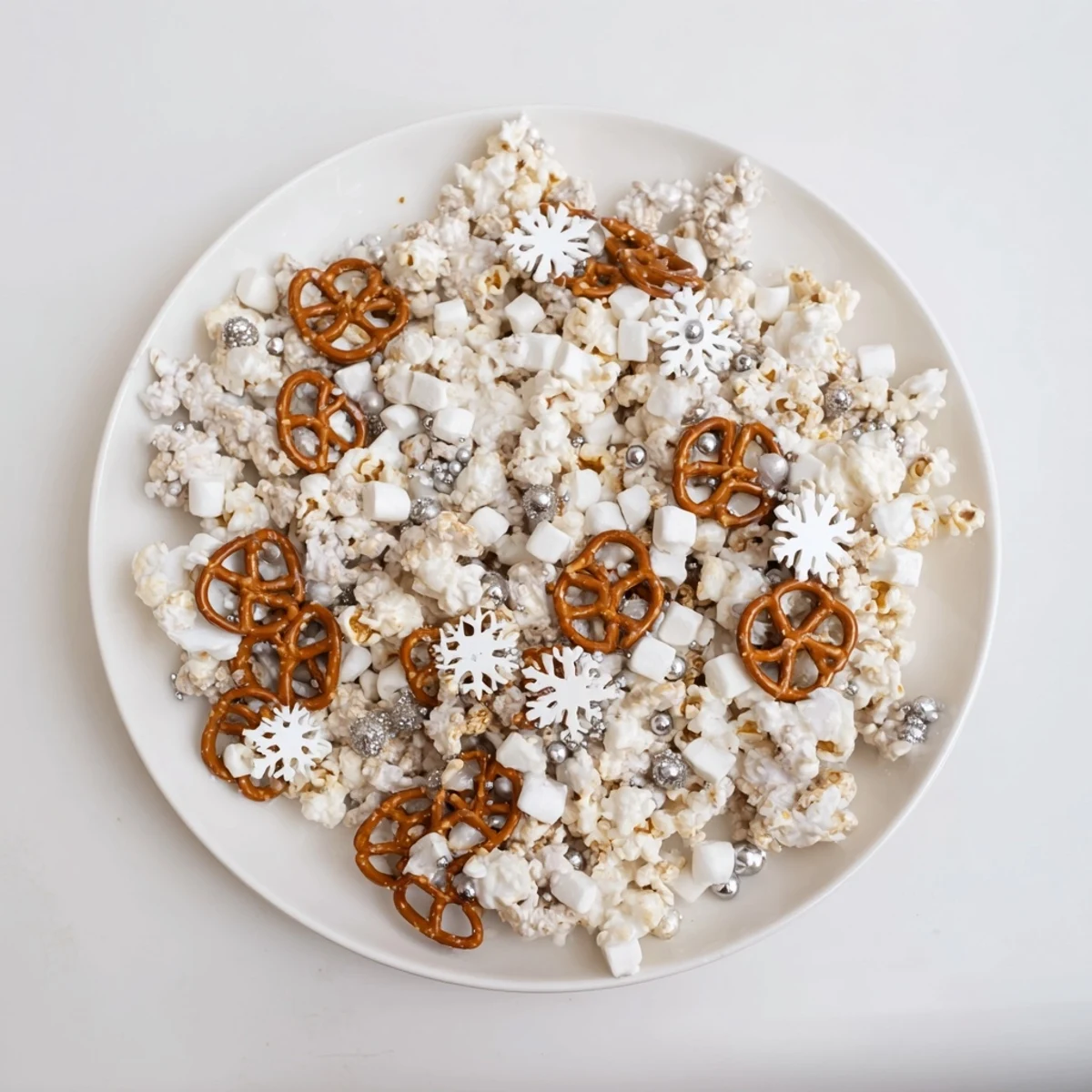Sweet and salty Ski Season Snowflake Snack Mix with snowy sprinkles, perfect for an après-ski snack.