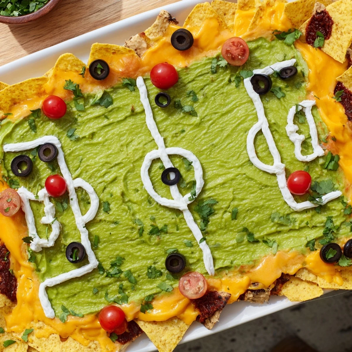 A vibrant Soccer Field Nacho Platter, topped with melted cheese, beef, beans, and fresh toppings.