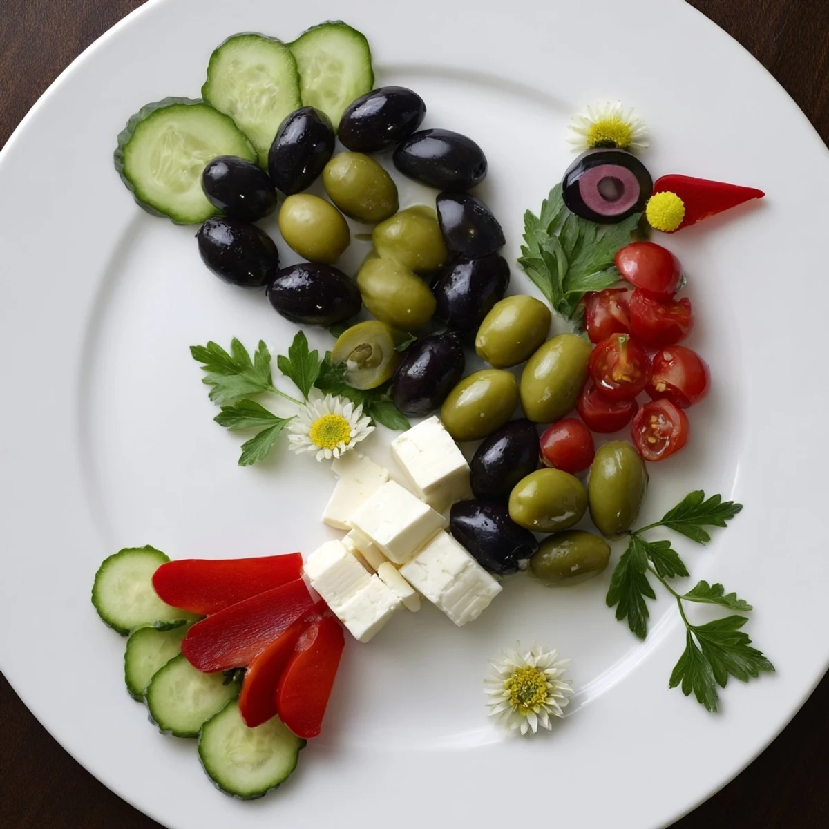 A vibrant Colombe de la Paix olive platter arranged with olives, cheeses, and colorful garnishes for a lovely appetizer.