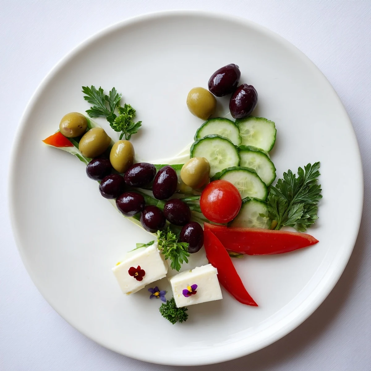 Enjoy a Mediterranean Colombe de la Paix olive platter, a vegetarian appetizer with olives and fresh vegetables.