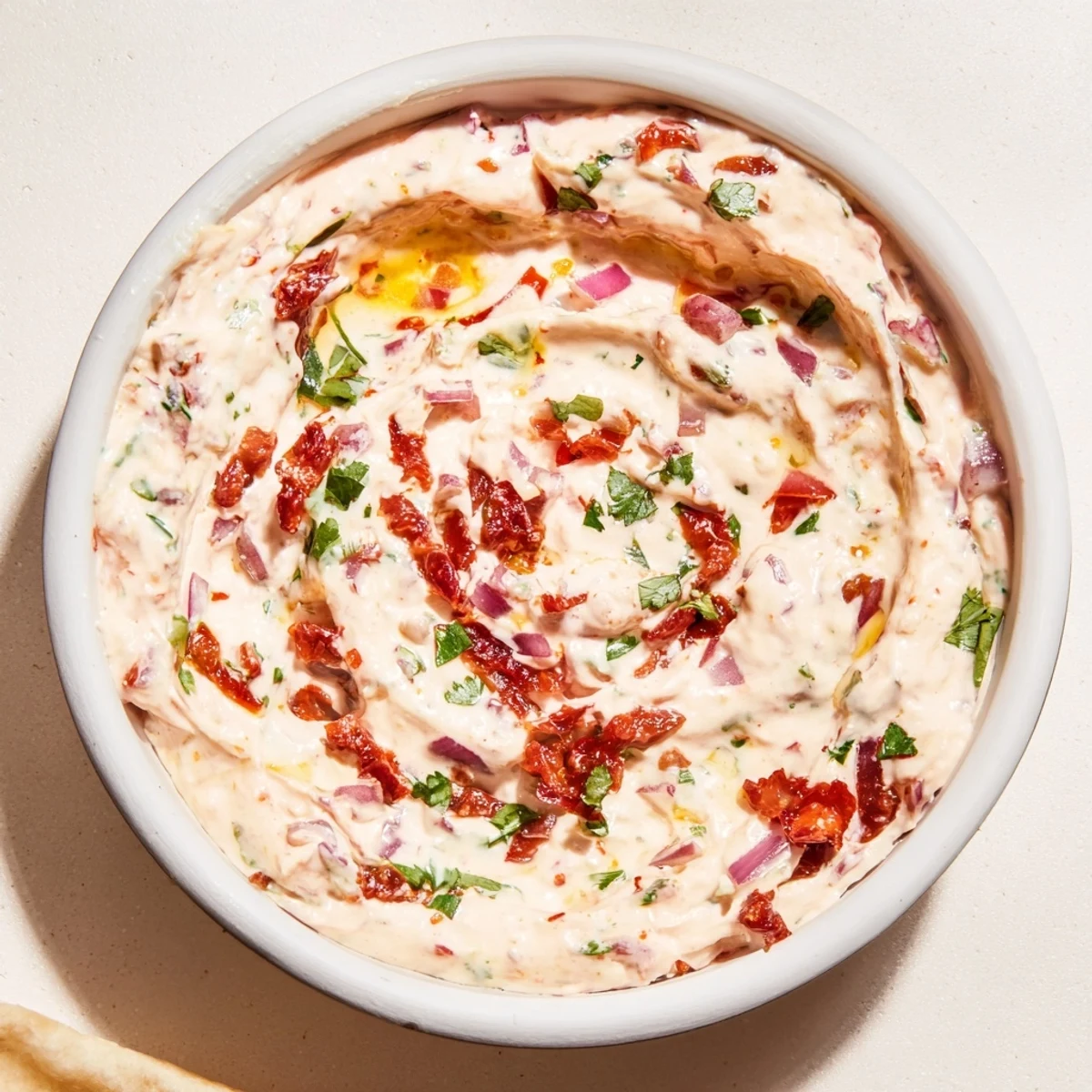 Vulkan Lava Spicy Dip: A vibrant red, creamy dip, ready to be served with crunchy pita chips.