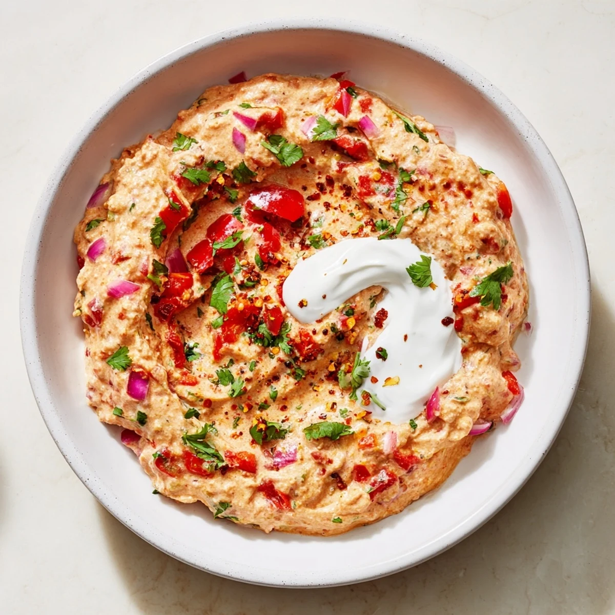 Picture this: Volcanic Lava Spicy Dip with a swirl of olive oil and fresh cilantro garnish.