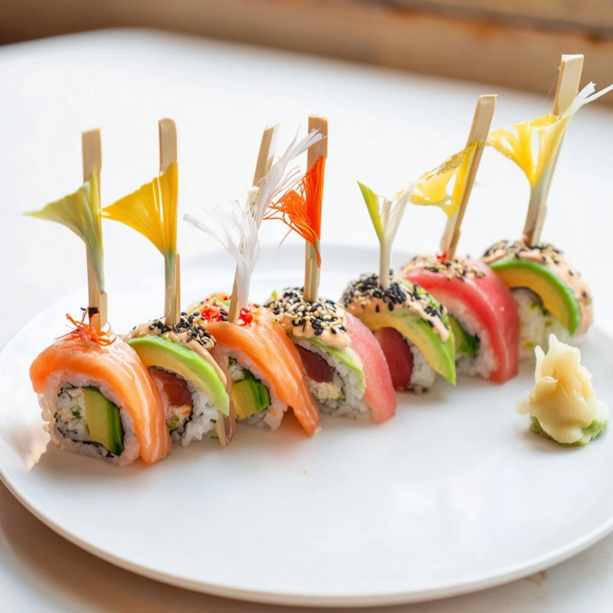 Vibrant Sushi Sailboats at Sea: Fresh salmon and tuna atop fluffy sushi rice, ready to enjoy.