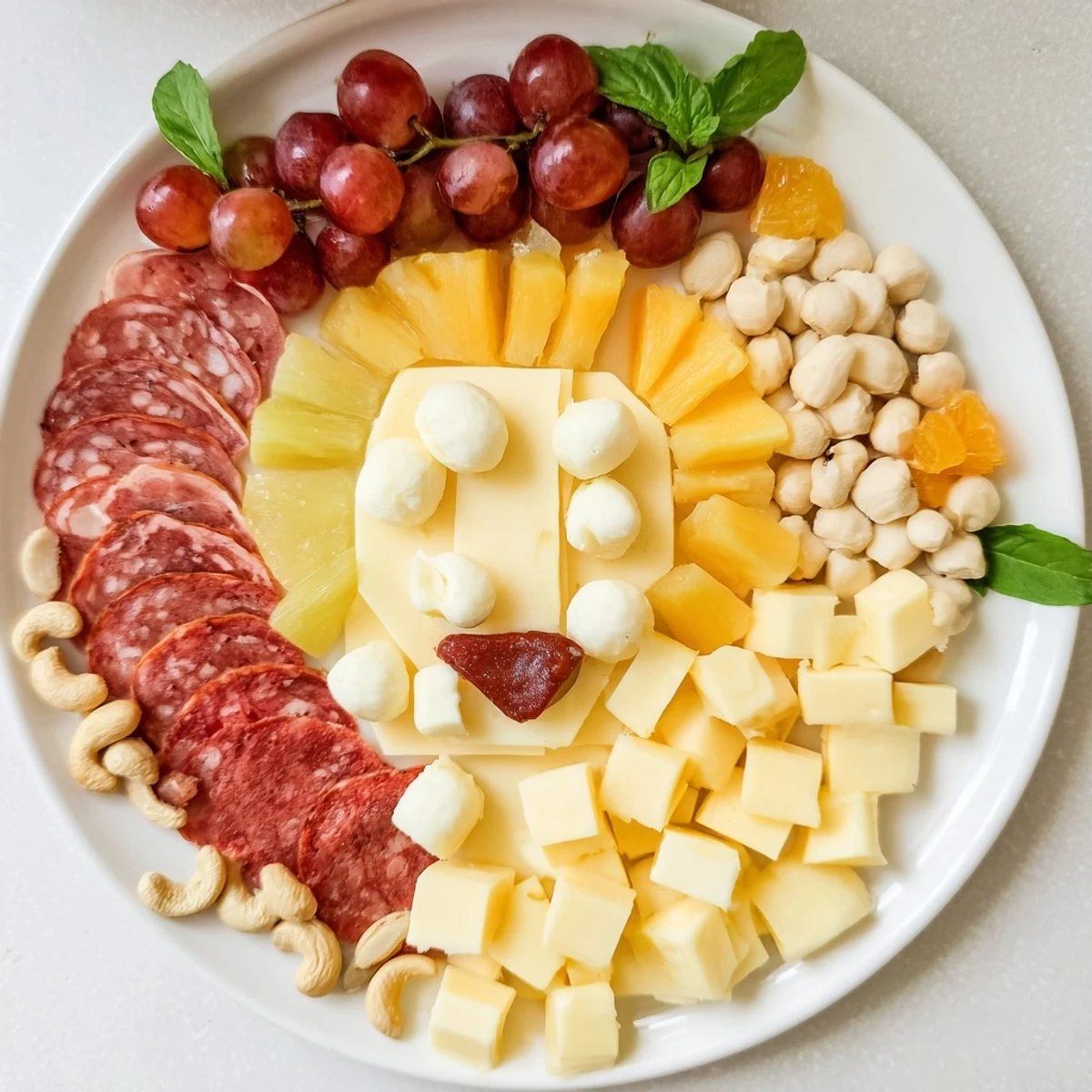 Savory Lion King meat and cheese platter with vibrant fruits, ready for a fun appetizer.