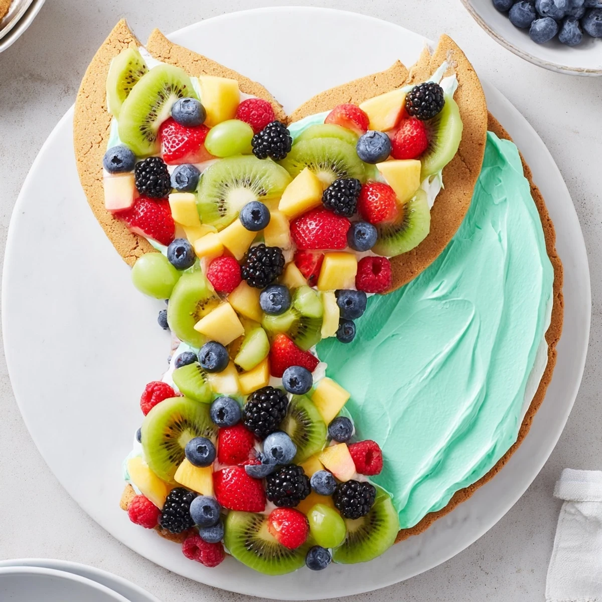 Die Mermaid Tail Fruit Pizza ist ein köstliches Dessert, verziert mit bunten Früchten auf Zuckerkekskruste.