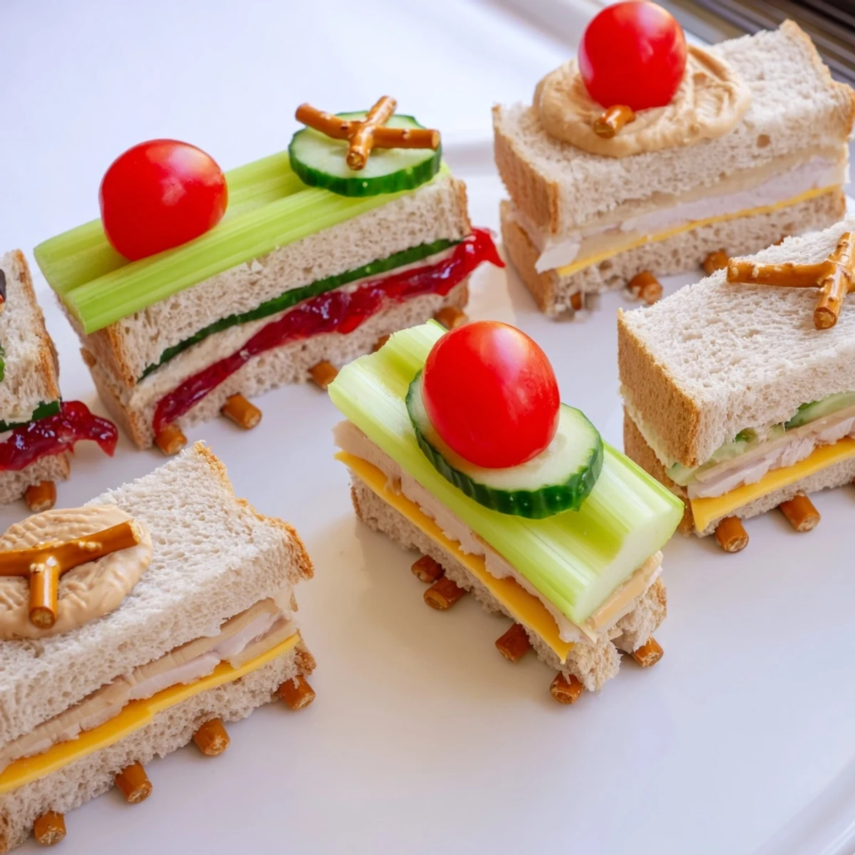 Train Track Sandwich Board: Colorful and fun, these sandwiches arranged as a train delight kids at lunchtime.