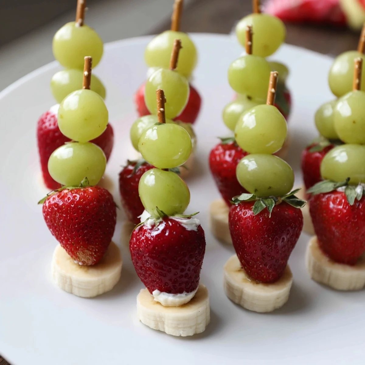 Festliche Elf-Hut Erdbeer-Spieße: fruchtige Erdbeeren, Bananen und Trauben, perfekt für Partys.