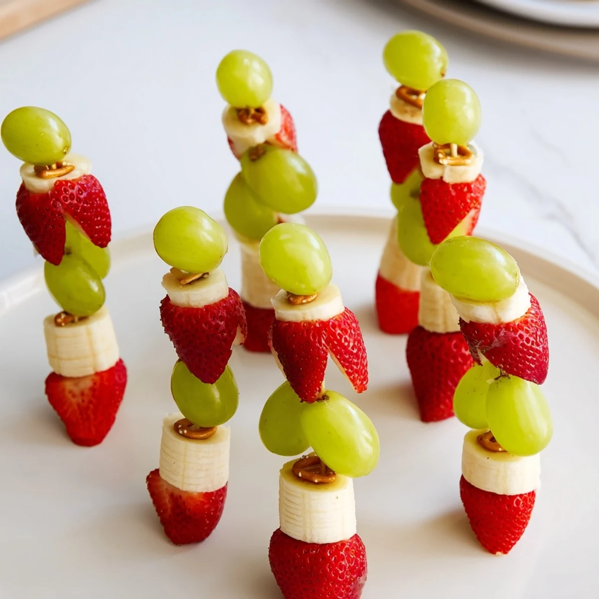 Nahaufnahme von bunten Elf-Hut Erdbeer-Spießen, garniert mit cremiger Sahne, bereit zum Servieren.