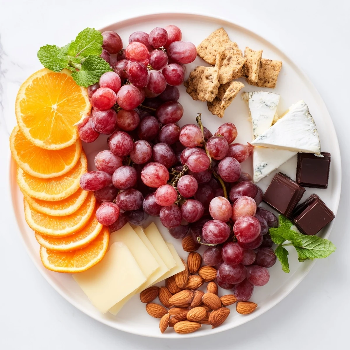 A colorful Grapes of Fortune dessert board with assorted cheeses and sweet treats.