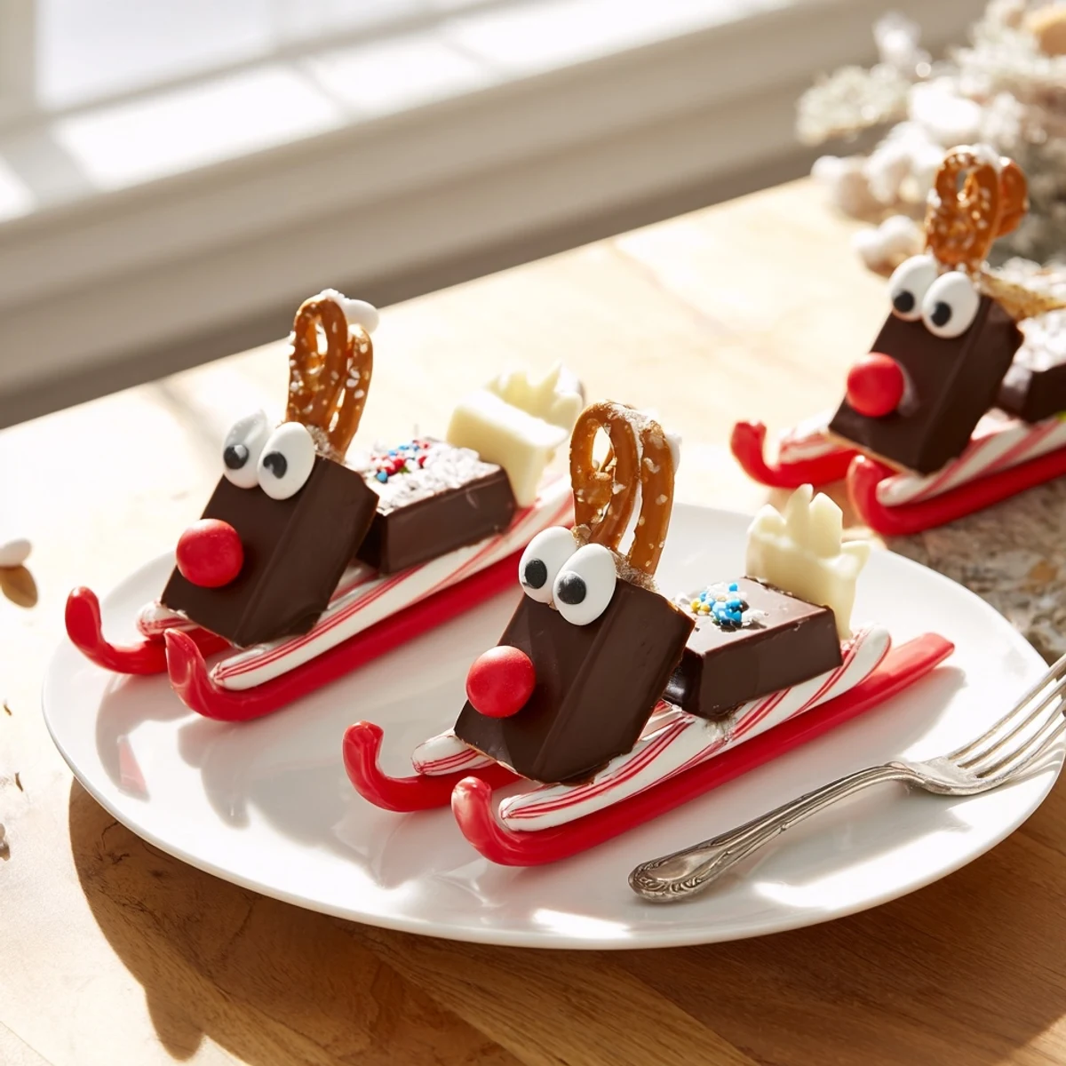 Rudolph Candy Cane Sleds assembled with pretzel antlers and a red candy nose look festive.