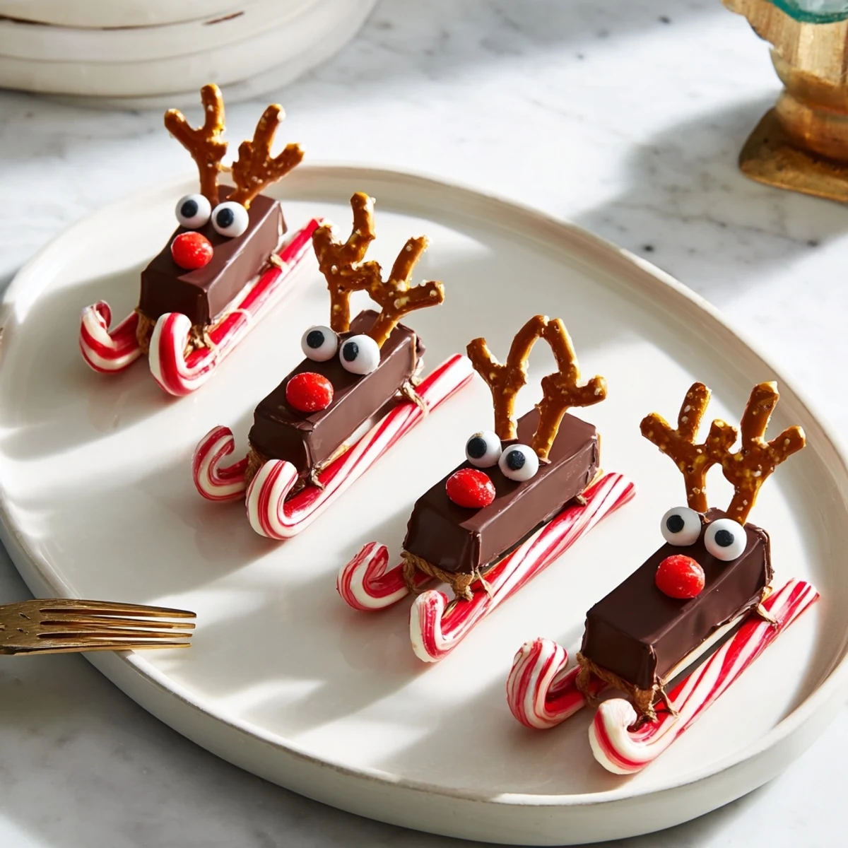 No-bake Rudolph Candy Cane Sleds, a sweet Christmas dessert featuring candy canes and chocolate bars.
