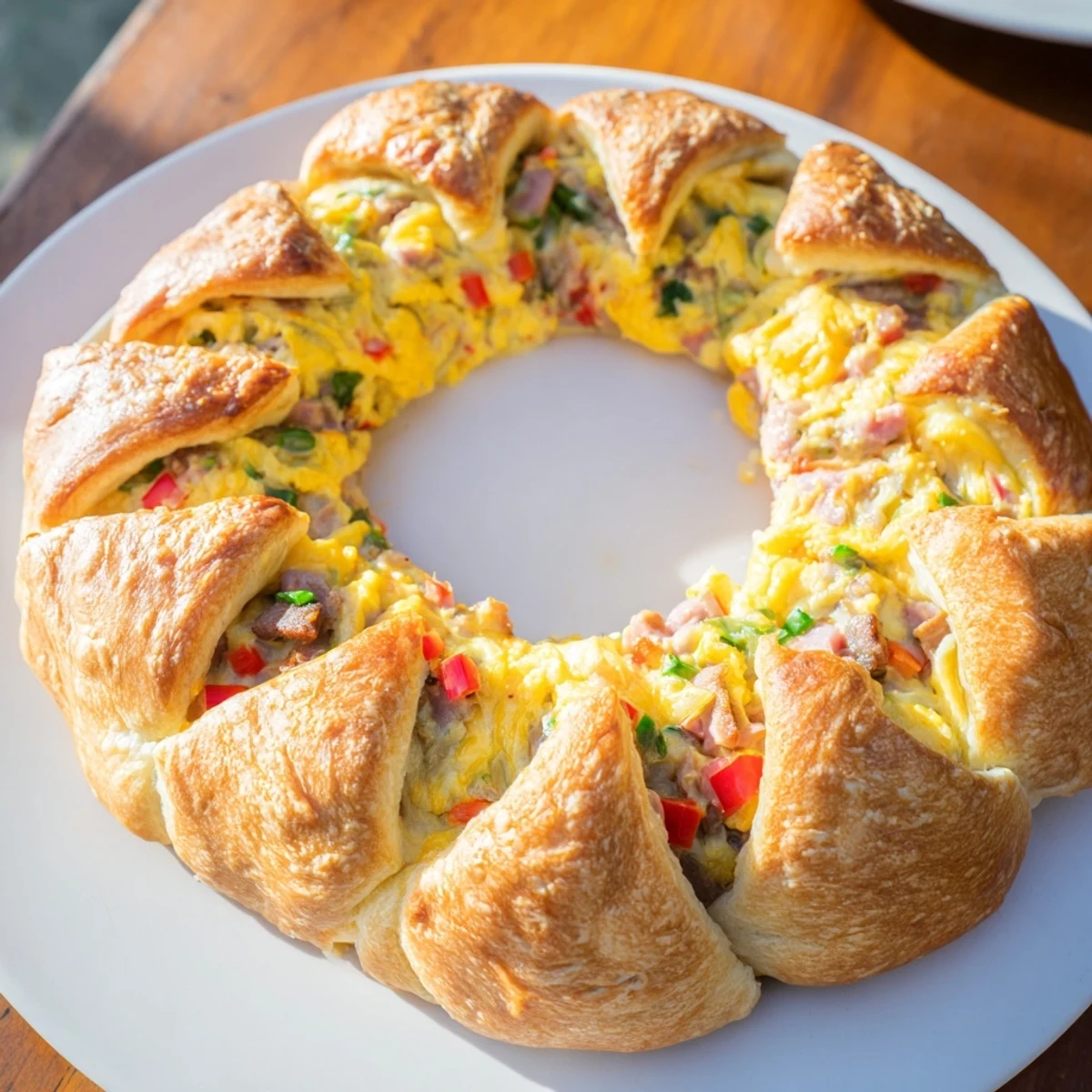 A warm, golden brown wreath-shaped egg and ham bake, perfect for a cozy brunch gathering.