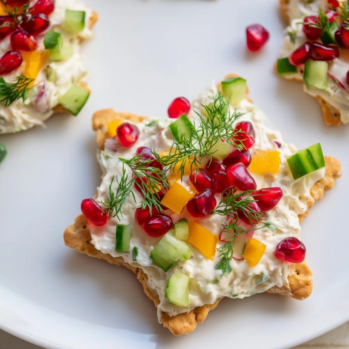 Festive ornament-shaped cracker toppings, a colorful appetizer featuring creamy spreads and fresh garnishes for holiday parties.