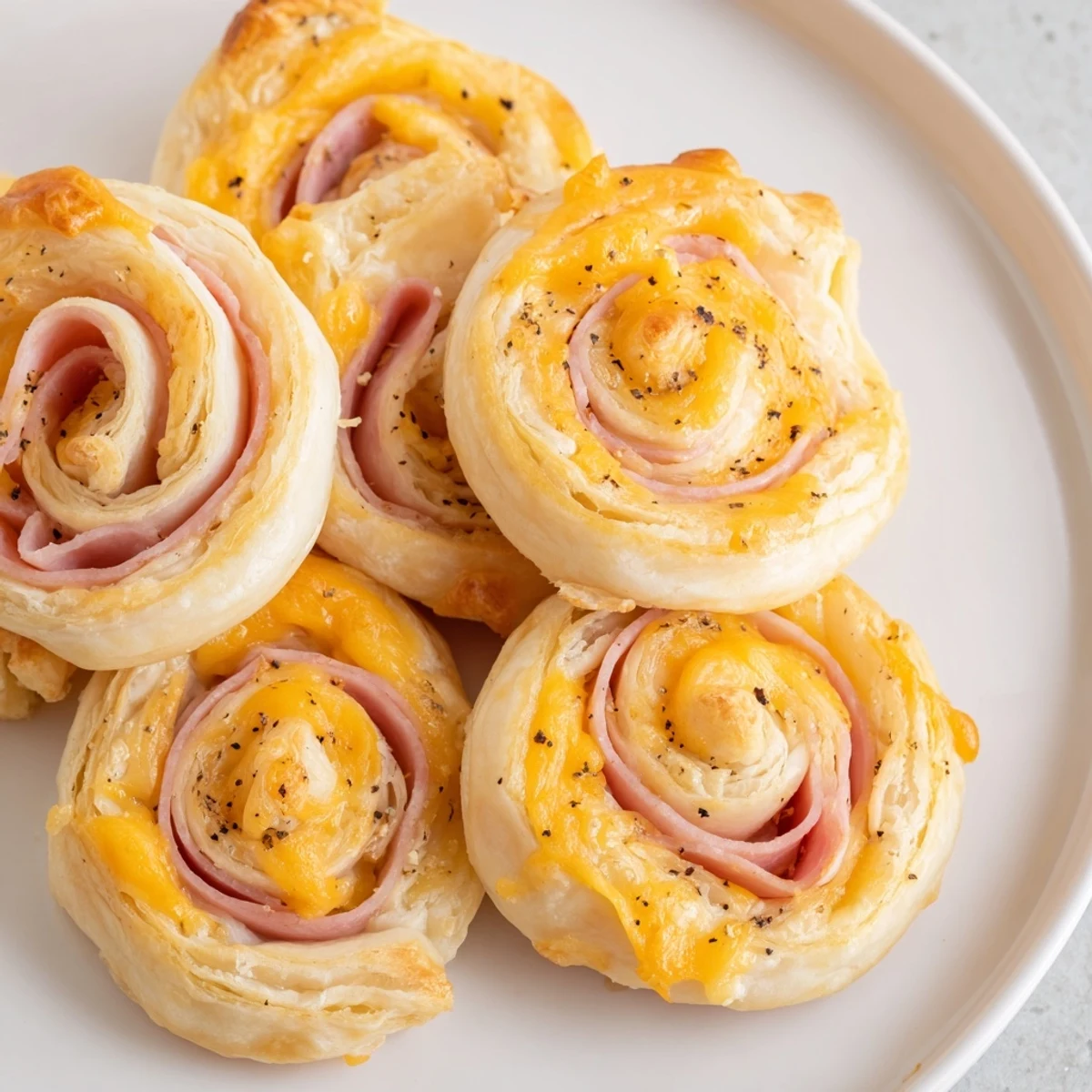 Golden-brown Savory Ham and Cheese Pinwheel Rolls fresh from the oven, ready to enjoy.