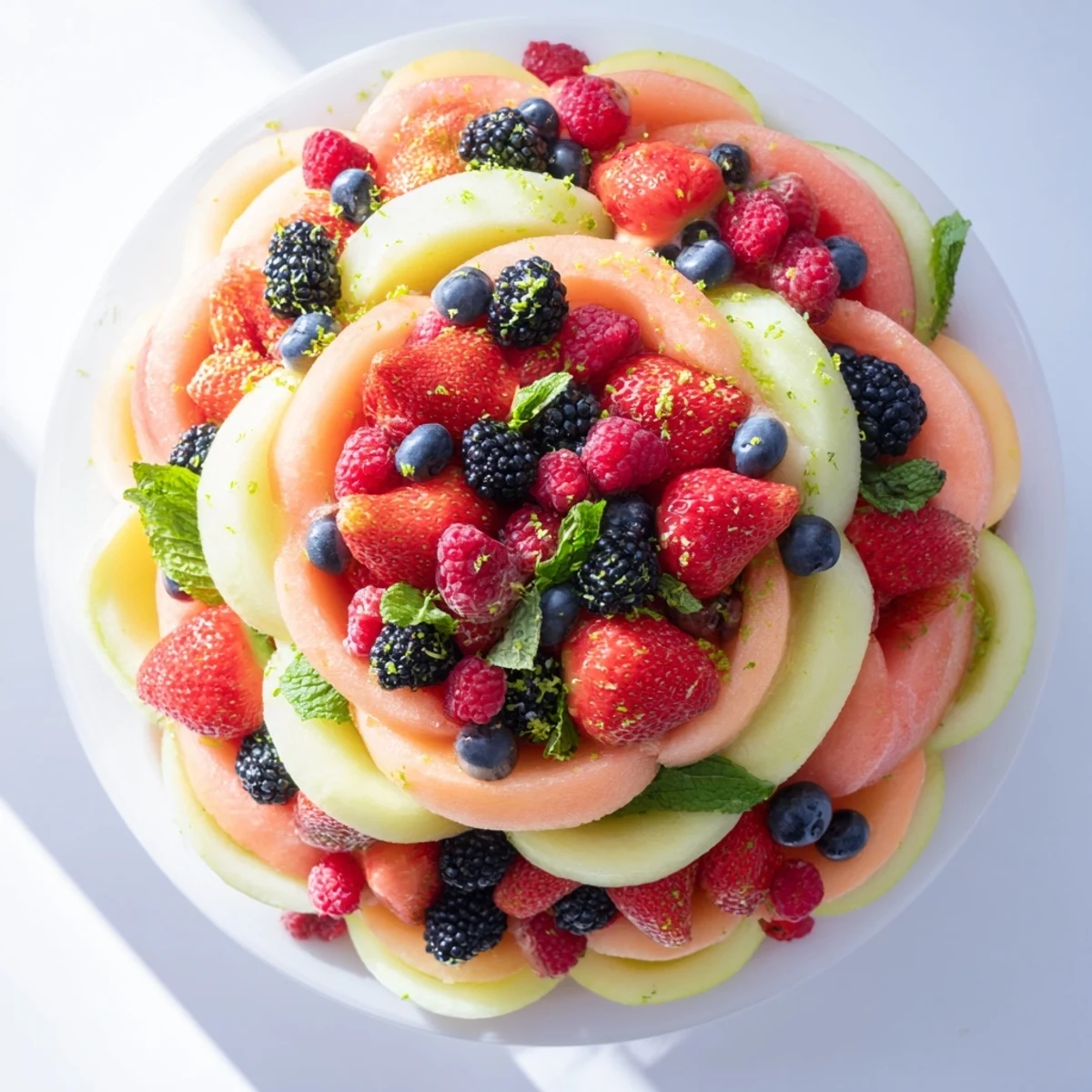 A colorful fruit platter showcasing layered cantaloupe, watermelon and berries, perfect for a picnic.